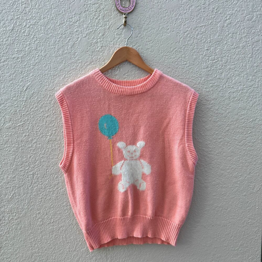 Vintage Coral Pink Teddy Bear Sleeveless Sweater Vest